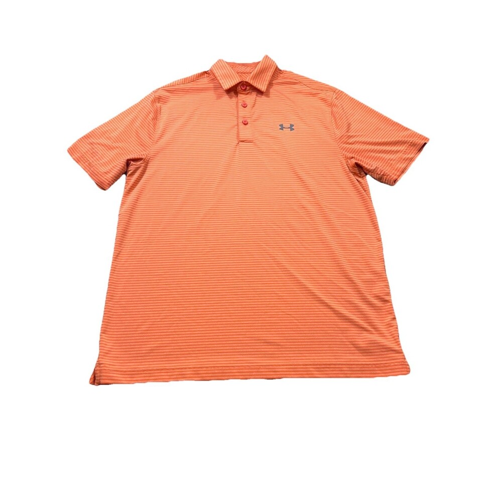 Under Armour Polo Shirt Mens M Orange Striped HeatGear Loose Golf Athletic